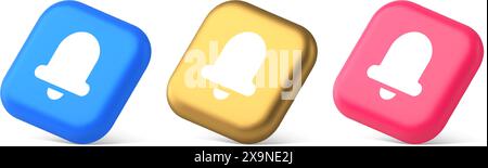 Handbell ring sound notification button incoming message call notification 3d realistic blue gold and pink icons. Bell incoming audio signal alarm web Stock Vector
