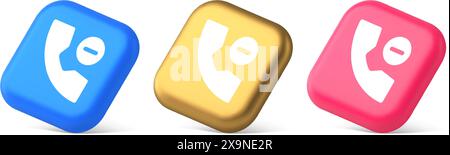 Phone call delete contact communication button remotely voice conversation web interface app 3d realistic blue gold and pink icons. Telephone operatio Stock Vector