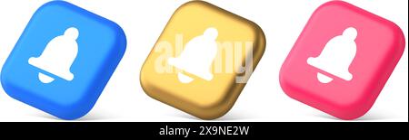 Bell ring audio sound button signal push reminder cyberspace web interface notification 3d realistic blue gold and pink icons. Handbell alert incoming Stock Vector