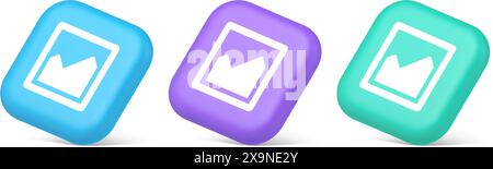 Graph diagram mathematical profit business blue squared button 3d realistic blue purple and green icons. Chart infographic scheme financial stats appl Stock Vector