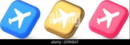 Airplane plane travel button flying vehicle commercial jet navigation 3d realistic blue gold and pink icons. Aircraft winged passenger transportation Stock Vector
