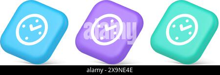 Watch time control button alarm clock deadline checking web app design 3d realistic blue purple and green icons. Timer navigation panel cyberspace rem Stock Vector