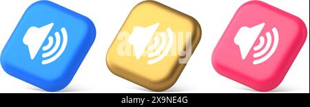 Volume sound button speaker acoustic level noise wave control 3d realistic blue gold and pink icons. Stereo broadcasting loudspeaker player megaphone Stock Vector