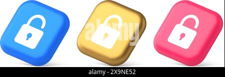 Open lock button cyberspace password security protection service 3d realistic blue gold and pink icons. Padlock accessibility unlock permission digita Stock Vector