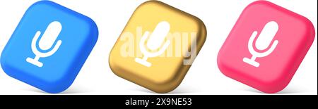 Microphone voice sound recording broadcasting button web app media communication 3d realistic blue gold and pink icons. Mic speech acoustic technology Stock Vector