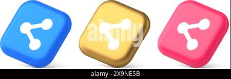 Decentralize compound connection encrypted network button connective management 3d realistic blue gold and pink icons. Decentralization structure bloc Stock Vector