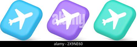 Airplane plane travel button flying vehicle commercial jet navigation 3d realistic blue purple and green icons. Aircraft winged passenger transportati Stock Vector