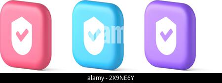 Done checkmark shield button success protection approved password web app 3d realistic speech bubble pink blue and purple icons. Certified guard corre Stock Vector