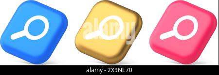 Browsing internet searching button magnifying glass analyzing information 3d realistic blue gold and pink icons. Online browse detective discovery lou Stock Vector