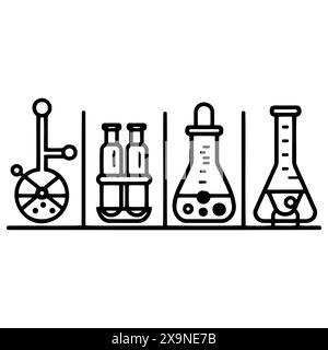 A monochrome illustration featuring a row of chemical flasks arranged neatly on a tabletop surface, capturing a minimalist yet detailed composition Stock Vector