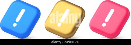 Exclamation mark keyboard button important attention point cyberspace communication 3d realistic blue gold and pink icons. Emotional text caution erro Stock Vector