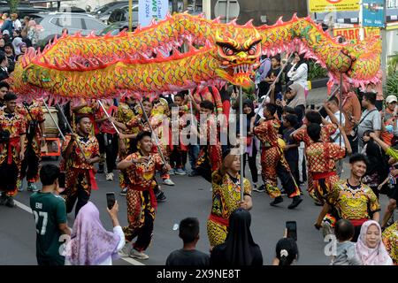 Bogor, West Java, Indonesia. 2nd June, 2024. A dragon dance takes part in the cultural parade marking the 542th anniversary of Bogor, West Java, Indonesia. (Credit Image: © Adriana Adie/ZUMA Press Wire) EDITORIAL USAGE ONLY! Not for Commercial USAGE! Stock Photo