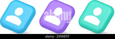 Contact staff call button corporate member communication chat internet service 3d realistic blue purple and green icons. Social network account user a Stock Vector
