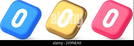 Zero character number button digital sign for math counting cyberspace communication 3d realistic blue gold and pink icons. Null basic type science bu Stock Vector