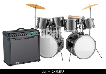 Drum kit with Instrument Amplifier, 3D rendering isolated on white background Stock Photo