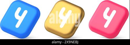Four number blue squared button keyboard interface financial calculation service 3d realistic blue gold and pink icons. Fourth character type numeral Stock Vector