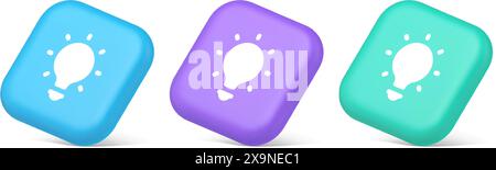 Light bulb illuminated innovation idea button brainstorming creative solution 3d realistic blue purple and green icons. Lightbulb keyboard illuminatio Stock Vector