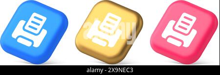 Printer machine device for paper document print button ink printout technology 3d realistic blue gold and pink icons. Press text office desktop electr Stock Vector