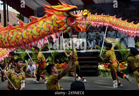 Bogor, West Java, Indonesia. 2nd June, 2024. A dragon dance takes part in the cultural parade marking the 542th anniversary of Bogor, West Java, Indonesia. (Credit Image: © Adriana Adie/ZUMA Press Wire) EDITORIAL USAGE ONLY! Not for Commercial USAGE! Stock Photo