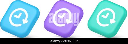 Clock in circle arrow button time countdown deadline chronometer 3d realistic blue purple and green icons. Watch timing counter checking interval peri Stock Vector
