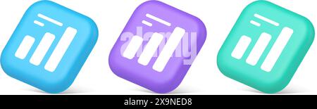 Bar graph business analyzing button diagram profit progress increase stock market stats 3d realistic blue purple and green icons. Chart economy compan Stock Vector