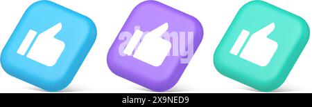 Like thumb up approve rating button confirmation cool website networking 3d realistic blue purple and green icons. Rate follow social network recommen Stock Vector