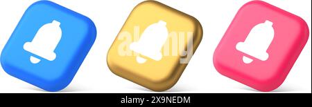 Ring button cyberspace sound reminder service 3d realistic blue gold and pink icons. Bell tone message alert notice signal push musical notification u Stock Vector