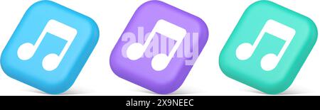 Music note audio sound button audio sound listening production 3d realistic blue purple and green icons. Artistic classical composition play melody to Stock Vector