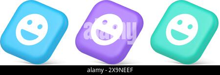 Smiley emoticon comic face emoji button laughing social network reaction happy expression 3d realistic blue purple and green icons. Good mood like che Stock Vector