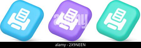Printer machine device for paper document print button ink printout technology 3d realistic blue purple and green icons. Press text office desktop ele Stock Vector