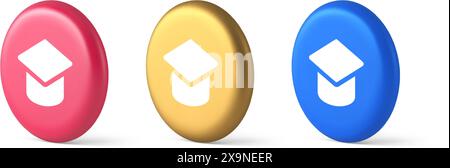 Graduation cap academic education e learning button wisdom knowledge 3d realistic blue gold and pink icons. College university achievement student uni Stock Vector
