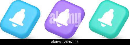 Bell ring audio sound button signal push reminder cyberspace web interface notification 3d realistic blue purple and green icons. Alert incoming inter Stock Vector