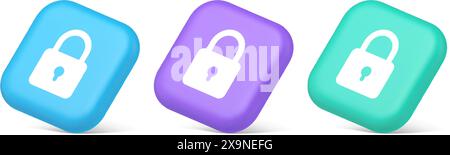 Padlock locking web access button password security protection safe encryption 3d realistic blue purple and green icons. Lock privacy strong secure co Stock Vector