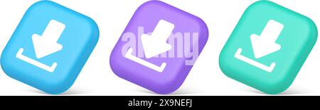 Download down arrow cyberspace information storage button internet file browsing 3d realistic blue purple and green icons. Digital data upload interne Stock Vector