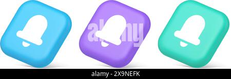 Handbell ring sound notification button incoming message call notification 3d realistic blue purple and green icons. Bell incoming audio signal alarm Stock Vector