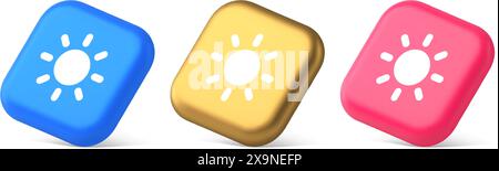 Brightness button sun light warm cold contrast digital interface 3d realistic blue gold and pink icons. Bright intensity display digital device exposu Stock Vector