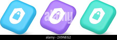 Lock shield security button privacy blocked password service web app 3d realistic blue purple and green icons. Padlock guard secure data access protec Stock Vector