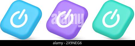 Shutdown turn on off button energy switch power start stop web app design 3d realistic blue purple and green icons. Electricity connect control comput Stock Vector