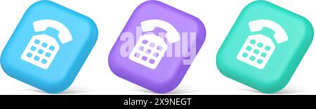 Phone customer support call contact connect button retro telephone handset 3d realistic blue purple and green icons. Helpline center user interface in Stock Vector