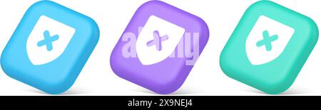 Decline shield button cross mark wrong unsend defense virtual guard 3d realistic blue purple and green icons. Denied cancel element virtual user inter Stock Vector