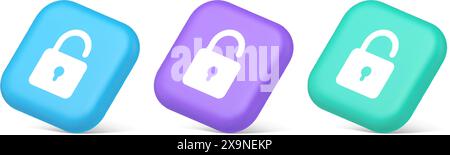 Open lock button cyberspace password security protection service 3d realistic blue purple and green icons. Padlock accessibility unlock digital inform Stock Vector
