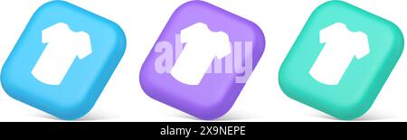 T shirt online shopping button internet order purchasing 3d realistic blue purple and green icons. Casual clothing store uniform garment apparel wear Stock Vector