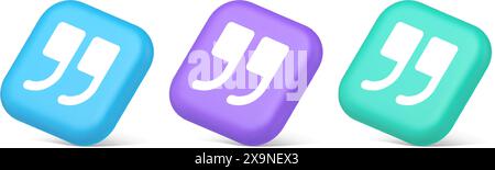 Quotes mark button chat comment cyberspace conversation dialogue 3d realistic blue purple and green icons. Quotation sign internet discussion messenge Stock Vector