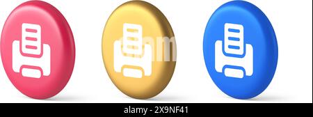 Printer machine device for paper document print button ink printout technology 3d realistic blue gold and pink icons. Press text office desktop electr Stock Vector