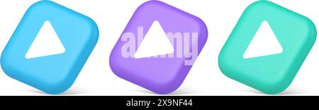 Play button triangle right arrow multimedia content player web app design 3d realistic blue purple and green icons. Audio video media start pointer ke Stock Vector