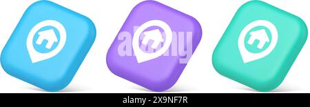 House map pin location button navigation panel web app GPS network pointer 3d realistic blue purple and green icons. Real estate hotel finding online Stock Vector