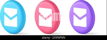 Email letter incoming message closed envelope mobile application button 3d realistic blue pink and purple icons. Mail newsletter document app badge in Stock Vector