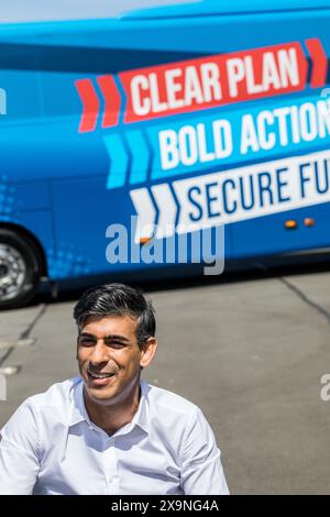 Rishi Sunak at the launch of the Conservative Party tour bus for the 2024 general election campaign at Redcar racecourse, Redcar, North Yorkshire, UK. 1/6/2024.  Photograph: Stuart Boulton Stock Photo