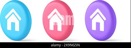 Main internet page button homepage house with roof navigation cyberspace interface 3d realistic blue pink and purple icons. Home page basic online add Stock Vector
