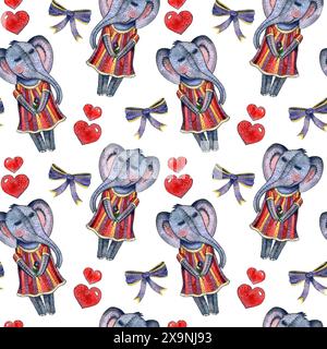 A seamless pattern of cute elephants wearing dresses adorned with bows and hearts, perfect for baby toddler clothing, textile products, and more in a charming style Stock Photo